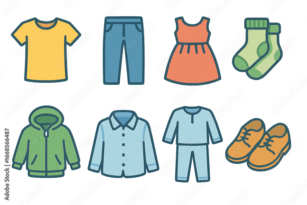 Kids' Clothes Icons. Flat vector mini-illustrations kids’ clothes wrinkle-free in colors children's illustrations: smooth t-shirt,