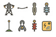 © Влада Яковенко - Power Grid Icons. Flat vector mini-illustrations high voltage transmission in colors children's illustrations: pylon, conductor