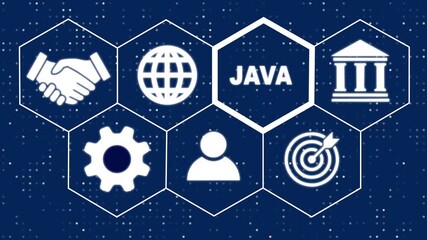 A Java concept on a futuristic .Hi tech motion graphic background, white flickering dots on dark background. 4K video motion graphic