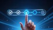 © Stocks Buddy - A hand points upward to glowing digital progress bar with checkmarks and active blue step, checklist, task progress tracking, checklist tracking