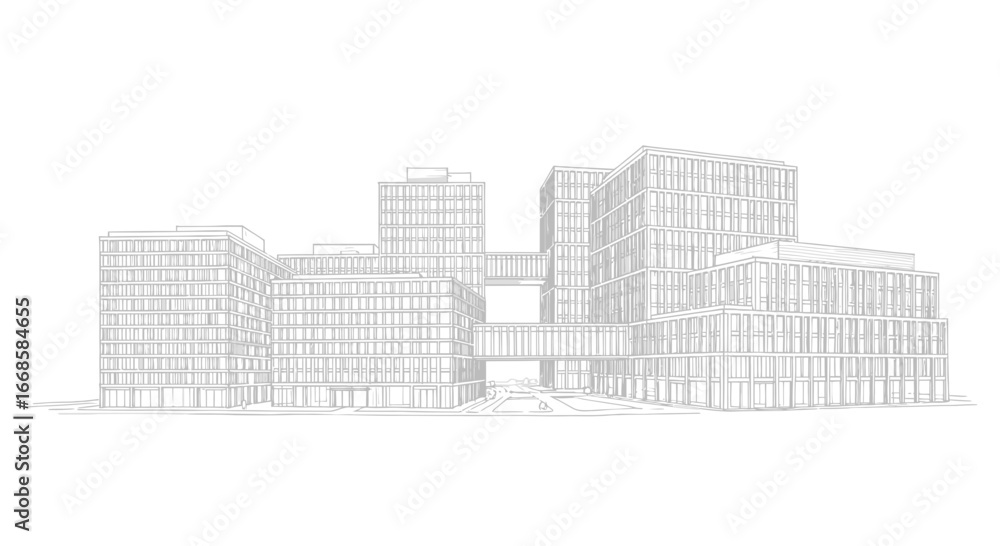 Architectural building complex with connecting bridges and detailed ...