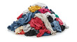 © Rimba - Pile of unfolded dirty clothes for laundry isolated on white background. Heap of used clothes for donation and recycling. Concept of minimalism, mess and wardrobe cleaning