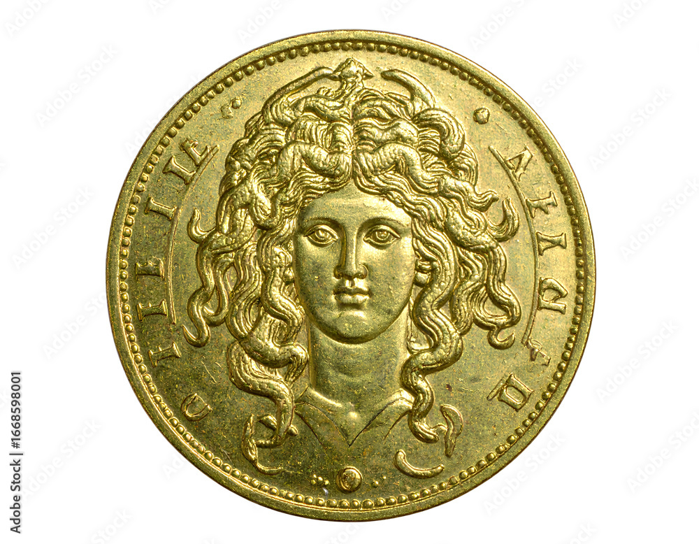 Medusa heMedusa head engraved gold coin isolatedad engraved gold