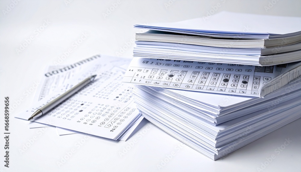 Paper stack of exam sheets and answer booklets isolated on white ...