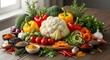 © SigmaCrew - A bountiful display of fresh vegetables including cauliflowers and colorful spices on a wooden surface, closeup view