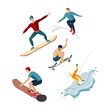 © jaman - Isometric illustration of people doing extreme sports, including snowboarding, skateboarding, surfing, and wakeboarding