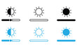 © Welcome - Brightness contrast control icons for website and app design with light and dark mode.Brightness level control icon set. Screen brightness graduation icon collection. Contrast brightness adjustment