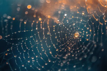 Dew drops glistening on a spider web creating a magical pattern