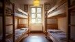 © sambath - Two wooden bunk beds with white sheets and wooden frames in a room with a window and a lamp.