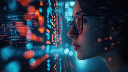 Wall Mural - a woman wearing glasses looking at a digital screen with data and charts.