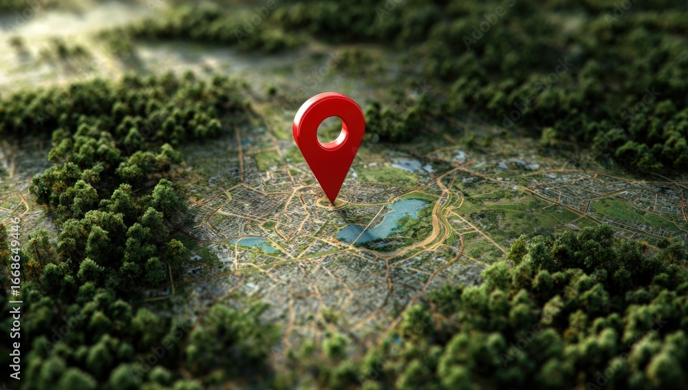 Red pin marking a location on a detailed map of a city and surrounding ...