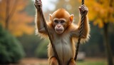 Baby monkey swings from rope in autumn forest setting