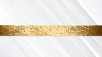 A striking, abstract image with a wide, horizontal stripe of textured and scratched gold material. It is centered between two sections of a bright, white background composed of layered, diagonal shape