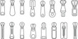© Akhi's orld - Zipper puller flat sketch set, collection of zip slider designs, garment accessory illustrations, fashion hardware elements for clothing design