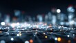 © Putt_Sanplee - Digital Network in City: An intricate network of luminous nodes and lines intertwines, overlaying a blurry cityscape at night, creating a futuristic, technologically advanced visualization.