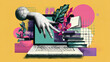 © suldev - Trendy Halftone Collage Online education concept. Computer laptop with hand and floating books. News course, webinar. Smart thinking and brainstorming. Contemporary vector art illustration Stock