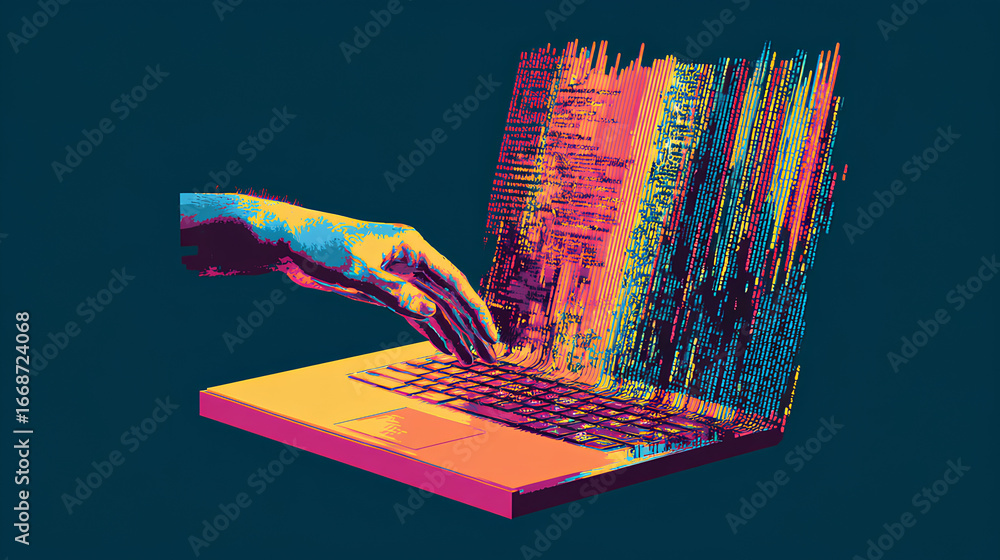 Trendy Halftone Collage Programming and coding concept. Computer laptop with code on screen and hand. Software development. Website coding process. Contemporary vector illustration art Stock Vector