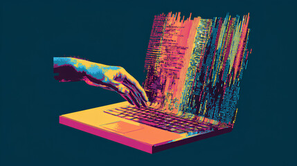 Trendy Halftone Collage Programming and coding concept. Computer laptop with code on screen and hand. Software development. Website coding process. Contemporary vector illustration art Stock Vector