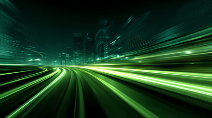 Wall Mural - vector green light line with futuristic motion effect and abstract automobile blur, glowing trail and beam streak in city design, dynamic disco background for speed illustration and night.