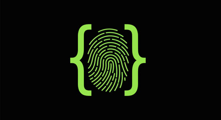Digital identity concept with a fingerprint and code braces.