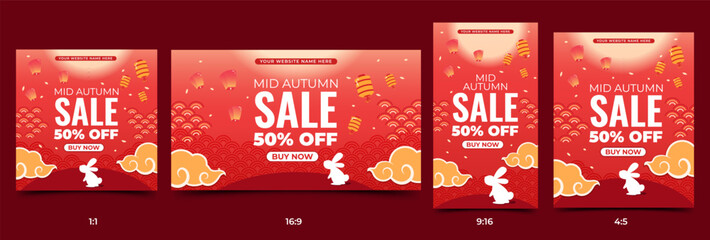 Wall Mural - set of mid autumn festival sale banner template with lanterns, rabbits, and clouds. vector banner in
