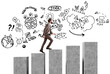 © ImageFlow - Isolated man in suit walks up concrete steps with hand-drawn business doodles on white background, concept of personal development and progress