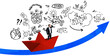 © ImageFlow - Isolated man in suit on red paper boat riding upward blue arrow with hand-drawn business icons on white background, symbolizing success and planning concept