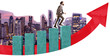 © ImageFlow - Isolated man in suit walking up bar graph over city skyline, with red arrow indicating growth, on white background. Concept of career and business success