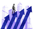 © ImageFlow - Isolated man in formal attire climbs rising arrows over stylized skyscrapers on white background, representing business progress and personal growth