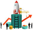 © ImageFlow - Businessmen near rocket, ladder, coins, gear, crane, and arrow on white background, illustrated in a minimal style, symbolizing startup success