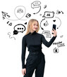 © ImageFlow - Isolated woman using smartphone for selfie, surrounded by sketch-style social media icons on white background, symbolizing digital communication concept