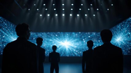 Wall Mural - silhouette people observe digital ai value display with blue light, futuristic technology, innovatio