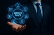© hasanserta - Businessman presenting digital marketplace with icons and glowing network Keywords: businessman