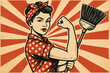 © Balint - A vintage-inspired pop art illustration of a strong woman in a red polka-dot outfit holding a broom. Set against bold red rays on a  textured beige background, this image celebrates the empowerment