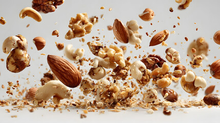 Assorted nuts and seeds exploding in mid air