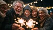 © Johannes - group of senior friends celebrating with sparkler fireworks new years eve on patio terrace  happy people having fun after dinner  family lifestyle and holidays concept  soft focus on left man face no