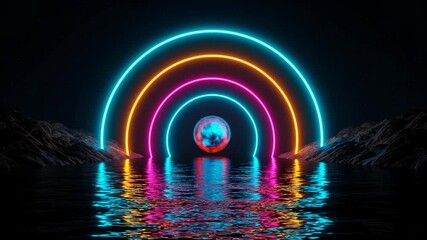 Surreal glowing planet with neon arches reflected on a dark water surface