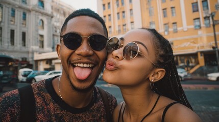 young african couple having fun walking around the city  main focus on man mouth no logos no brands ar 169