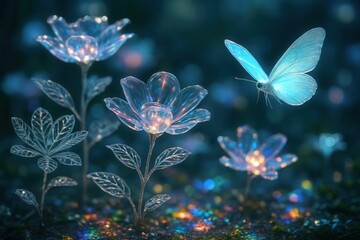 Wall Mural - A serene night scene unfolds with translucent blue flowers glowing in the darkness, punctuated by a lone butterfly that dances among them