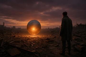 Wall Mural - A lone figure stands before a glowing sphere in a desolate landscape under a dramatic sky