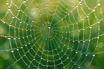 A delicate spider web with water droplets hanging from it in a green background