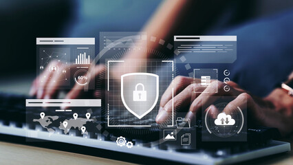 businesswoman using laptop. digital cybersecurity interface cyber security network and data protecti