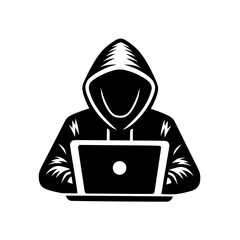 Coder in Hoodie Working on Laptop black vector icon with transparent background 