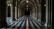© Png stock - A long, grand hallway with arched ceilings and stone columns creates a dramatic perspective with a checkered floor