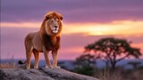 African Lion on Rock at Sunset in Glowing Savannah Scene