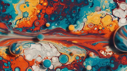Vibrant Abstract Background of Swirling Textures and Floating Spheres in Blue Orange and Yellow Hues Digital Art