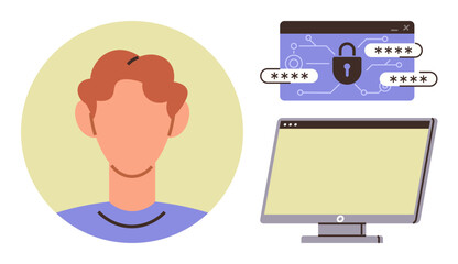 Person alongside monitor displaying login interface with lock and password fields. Ideal for cybersecurity, privacy, authentication, data protection, online security, tech education, user identity
