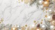 © Alchemy - Elegant Christmas flat lay background with gold and silver baubles, snowflakes, pine cones and frosted fir branches on white marble surface, festive winter holiday decoration for greeting cards and ba