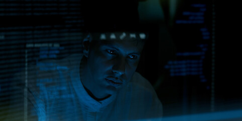 programmers and coding. programmer or developer working in dark room with computer code reflected on