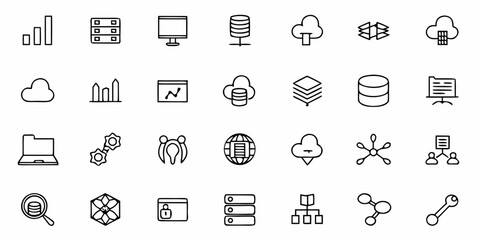 Modern data and technology icons representing cloud computing, databases, analytics, and network security for digital innovation